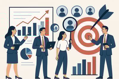 Illustration of business professionals analysing data charts and targeting leads