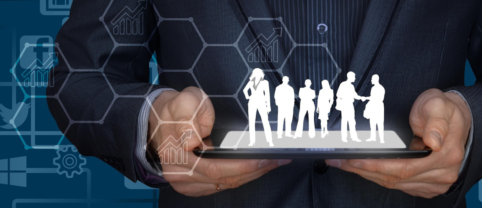 Tablet displaying social media icons with people emerging from the screen representing new connections